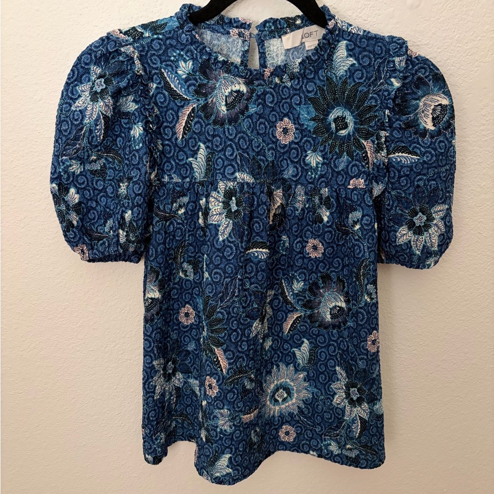 LOFT Navy & Teal Floral Puff-Sleeve Blouse